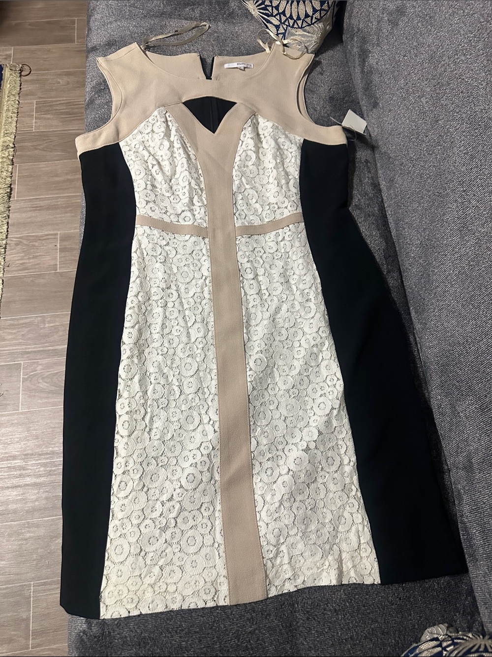 Studio One Tri-Panel Lace Midi Dress in Black, White & Beige